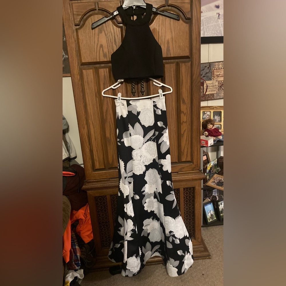 Black Halter Top with Floral Maxi Skirt